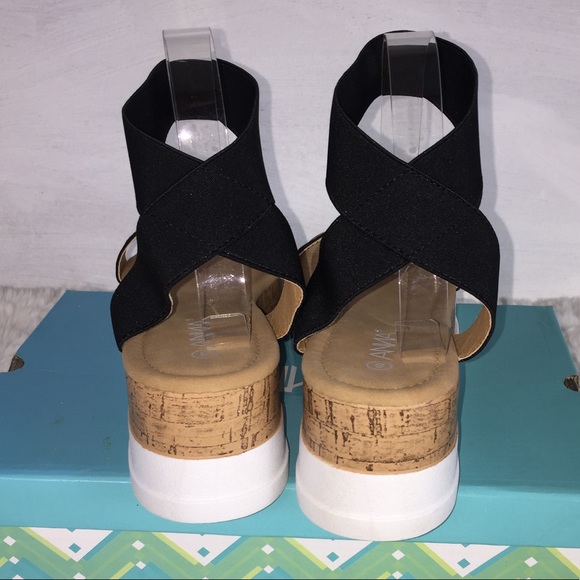 NIB Black Wedge Platform Sandals Stacked Cork Look Elastic Anna - Picture 7 of 14